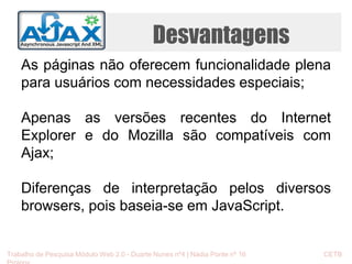 Desvantagens 
As páginas não oferecem funcionalidade plena 
para usuários com necessidades especiais; 
Apenas as versões recentes do Internet 
Explorer e do Mozilla são compatíveis com 
Ajax; 
Diferenças de interpretação pelos diversos 
browsers, pois baseia-se em JavaScript. 
Trabalho de Pesquisa Módulo Web 2.0 - Duarte Nunes nº4 | Nádia Ponte nº 16 CETB 
Proinov 
 