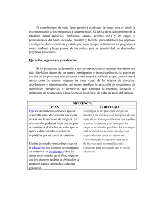 El cumplimiento de estas fases permitirá establecer las bases para el diseño e
instrumentación de los programas a diferente nivel. Se apoya en el conocimiento de la
situación actual (recursos, problemas, causas, aciertos, etc.) y en rasgos y
peculiaridades del futuro deseado, probable y factible, para establecer los objetivos
estratégicos, derivar políticas y estrategias; aspectos que se traducirán en programas a
corto, mediano y largo plazos, de los cuales, para su operatividad, se desprenden
proyectos específicos.
Ejecución, seguimiento y evaluación:
Si los programas de desarrollo y sus correspondientes programas operativos han
sido diseñados dentro de un marco participativo e interdisciplinario, la puesta en
marcha de los proyectos seleccionados tendrá mayor viabilidad, ya que contará con el
apoyo tanto de quienes integran las bases como de los niveles de dirección,
coordinación y administración. Así mismo implican la aplicación de mecanismos de
supervisión preventivos y correctivos, que permitan la oportuna detección y
corrección de desviaciones e insuficiencias en el curso de todas las fases del proceso.
DIFERENCIA
PLAN ESTRATEGIA
Plan es un modelo sistemático que se
desarrolla antes de concretar una cierta
acción con la intención de dirigirla. En
este sentido, podemos decir que un plan
de estudio es el diseño curricular que se
aplica a determinadas enseñanzas
impartidas por un centro de estudios.
El plan de estudio brinda directrices en
la educación: los docentes se encargarán
de instruir a los estudiantes sobre los
temas mencionados en el plan, mientras
que los alumnos tendrán la obligación de
aprender dichos contenidos si desean
graduarse.
Estrategia es un plan para dirigir un
asunto. Una estrategia se compone de una
serie de acciones planificadas que ayudan
a tomar decisiones y a conseguir los
mejores resultados posibles. La estrategia
está orientada a alcanzar un objetivo
siguiendo una pauta de actuación.
Una estrategia comprende una serie
de tácticas que son medidas más
concretas para conseguir uno o varios
objetivos.
 