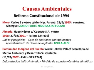 Causas Ambientales
Reforma Constitucional de 1994
Moro, Carlos E y otros c/Municip. Paraná. 23/6/1995: construc.
Albergue: ZORIO-FORTE-NICORA.STAFFOLANI
Almada, Hugo Néstor c/ Copetro S.A. y otro
1998 (27/02/2001 – Fallos: 324:436)
Daños y perjuicios – Cese de emisiones contaminantes –
Apercibimiento de cierre de la planta BOLLA-ALOI

Comunidad Indígena del Pueblo Wichi Hoktek T’Oi c/ Secretaría de
Medio Ambiente y Desarrollo Sustentable
(11/07/2002 - Fallos 325:1744)
Deforestación indiscriminada - Pérdida de espacios–Cambios climáticos
Dra. Moray Claudia

 