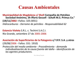 Causas Ambientales
Municipalidad de Magdalena c/ Shell Compañía de Petróleo
Sociedad Anónima, Sh iffarts Gessell - Schaft M.S. Primus Co.”
(19/11/2002 –Fallos: 325:3051)
Hidrocarburos - Derrame de petróleo - Responsabilidad 62
Estancia Violeta S.R.L. c. Techint S.A.C.I.
Río Grande, setiembre 27 de 2005-2006
Asociación de Superficiarios de la Patagonia c/ Y.P.F. S.A. y otros
(29/08/2006 - Fallos: 331: 1910)
Protección del medio ambiente - Procedimiento - demanda
individualización de la causa fuente del daño - identificación de
los agentes productores.
Dra. Moray Claudia

 