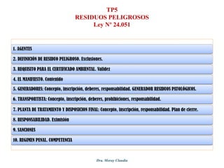 TP5
RESIDUOS PELIGROSOS
Ley Nº 24.051

1. AGENTES
2. DEFINICIÓN DE RESIDUO PELIGROSO. Exclusiones.
3. REQUISITO PARA EL CERTIFICADO AMBIENTAL. Validez
4. EL MANIFIESTO. Contenido
5. GENERADORES: Concepto, inscripción, deberes, responsabilidad. GENERADOR RESIDUOS PATOLÓGICOS.
6. TRANSPORTISTA: Concepto, inscripción, deberes, prohibiciones, responsabilidad.
7. PLANTA DE TRATAMIENTO Y DISPOSICION FINAL: Concepto, inscripción, responsabilidad. Plan de cierre.

8. RESPONSABILIDAD. Eximisión
9. SANCIONES
10. REGIMEN PENAL. COMPETENCIA

Dra. Moray Claudia

 
