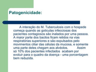 Patogenicidade:  A interação do M. Tuberculosis com o hospede começa quando as goticulas infecciosas dos pacientes contagiosos são inalados por uma pessoa. A maior parte dos bacilos ficam retidos na vias respiratórias superiores e são expulsados pelo movimentos ciliar das células da mucosa, e somente uma parte deles chegam aos alvéolos.  Assim s ó 10% dos pacientes infectados  acabam por evoluir para o quadro da doença - uma porcentagem bem reduzida. 