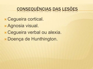 CONSEQUÊNCIAS DAS LESÕES
 Cegueira cortical.
 Agnosia visual.
 Cegueira verbal ou alexia.
 Doença de Hunthington.
 