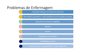 Problemas de Enfermagem
Crepitação bilateral nas bases dos pulmões
Dificuldade respiratória + tosse produtiva com secreção purulenta
Hiperemia em úvula e amígdalas
Naúsea
Vômito
Inapetência + prostração
Imobilidade no leito
Lesões de pele + ressecamento + turgor diminuído
 