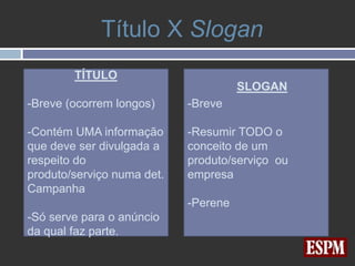 Título X Slogan
        TÍTULO
                                      SLOGAN
-Breve (ocorrem longos)     -Breve

-Contém UMA informação      -Resumir TODO o
que deve ser divulgada a    conceito de um
respeito do                 produto/serviço ou
produto/serviço numa det.   empresa
Campanha
                            -Perene
-Só serve para o anúncio
da qual faz parte.
 