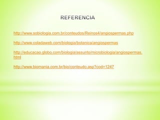 http://www.sobiologia.com.br/conteudos/Reinos4/angiospermas.php 
http://www.coladaweb.com/biologia/botanica/angiospermas 
http://educacao.globo.com/biologia/assunto/microbiologia/angiospermas. 
html 
http://www.biomania.com.br/bio/conteudo.asp?cod=1247 
