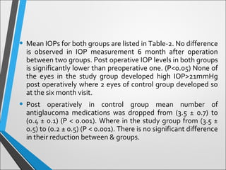 • Mean IOPs for both groups are listed in Table-2. No difference
is observed in IOP measurement 6 month after operation
between two groups. Post operative IOP levels in both groups
is significantly lower than preoperative one. (P<0.05) None of
the eyes in the study group developed high IOP>21mmHg
post operatively where 2 eyes of control group developed so
at the six month visit.
• Post operatively in control group mean number of
antiglaucoma medications was dropped from (3.5 ± 0.7) to
(0.4 ± 0.1) (P < 0.001). Where in the study group from (3.5 ±
0.5) to (0.2 ± 0.5) (P < 0.001). There is no significant difference
in their reduction between & groups.
 