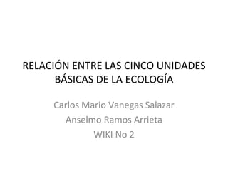RELACIÓN ENTRE LAS CINCO UNIDADES
      BÁSICAS DE LA ECOLOGÍA

     Carlos Mario Vanegas Salazar
       Anselmo Ramos Arrieta
              WIKI No 2
 