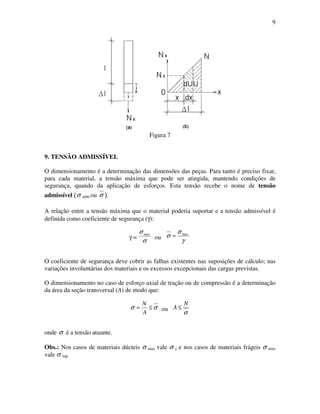 9
Figura 7
9. TENSÃO ADMISSÍVEL
O dimensionamento é a determinação das dimensões das peças. Para tanto é preciso fixar,
para cada material, a tensão máxima que pode ser atingida, mantendo condições de
segurança, quando da aplicação de esforços. Esta tensão recebe o nome de tensão
admissível σ adm ou σ .
A relação entre a tensão máxima que o material poderia suportar e a tensão admissível é
definida como coeficiente de segurança (γ):
γ =
σ
σmax
ou
γ
σ
σ max
=
O coeficiente de segurança deve cobrir as falhas existentes nas suposições de cálculo; nas
variações involuntárias dos materiais e os excessos excepcionais das cargas previstas.
O dimensionamento no caso de esforço axial de tração ou de compressão é a determinação
da área da seção transversal (A) de modo que:
σσ ≤=
A
N
ou
σ
N
A ≤
onde σ é a tensão atuante.
Obs.: Nos casos de materiais dúcteis σ max vale σ y e nos casos de materiais frágeis σ max
vale σ rup
.
 