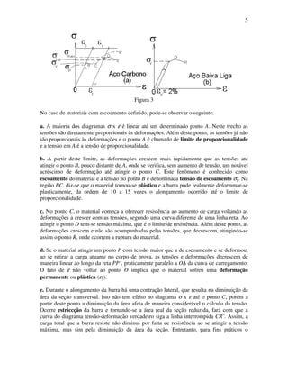 5
Figura 3
No caso de materiais com escoamento definido, pode-se observar o seguinte:
a. A maioria dos diagramas σ x ε é linear até um determinado ponto A. Neste trecho as
tensões são diretamente proporcionais às deformações. Além deste ponto, as tensões já não
são proporcionais às deformações e o ponto A é chamado de limite de proporcionalidade
e a tensão em A é a tensão de proporcionalidade.
b. A partir deste limite, as deformações crescem mais rapidamente que as tensões até
atingir o ponto B, pouco distante de A, onde se verifica, sem aumento de tensão, um notável
acréscimo de deformação até atingir o ponto C. Este fenômeno é conhecido como
escoamento do material e a tensão no ponto B é denominada tensão de escoamento σy. Na
região BC, diz-se que o material tornou-se plástico e a barra pode realmente deformmar-se
plasticamente, da ordem de 10 a 15 vezes o alongamento ocorrido até o limite de
proporcionalidade.
c. No ponto C, o material começa a oferecer resistência ao aumento de carga voltando as
deformações a crescer com as tensões, segundo uma curva diferente de uma linha reta. Ao
atingir o ponto D tem-se tensão máxima, que é o limite de resistência. Além deste ponto, as
deformações crescem e não são acompanhadas pelas tensões, que decrescem, atingindo-se
assim o ponto R, onde ocorrem a ruptura do material.
d. Se o material atingir um ponto P com tensão maior que a de escoamento e se deformou,
ao se retirar a carga atuante no corpo de prova, as tensões e deformações decrescem de
maneira linear ao longo da reta PP’, praticamente paralelo a OA da curva de carregamento.
O fato de ε não voltar ao ponto O implica que o material sofreu uma deformação
permanente ou plástica (εy).
e. Durante o alongamento da barra há uma contração lateral, que resulta na diminuição da
área da seção transversal. Isto não tem efeito no diagrama σ x ε até o ponto C, porém a
partir deste ponto a diminuição da área afeta de maneira considerável o cálculo da tensão.
Ocorre estriccção da barra e tornando-se a área real da seção reduzida, fará com que a
curva do diagrama tensão-deformação verdadeiro siga a linha interrompida CR’. Assim, a
carga total que a barra resiste não diminui por falta de resistência ao se atingir a tensão
máxima, mas sim pela diminuição da área da seção. Entretanto, para fins práticos o
 