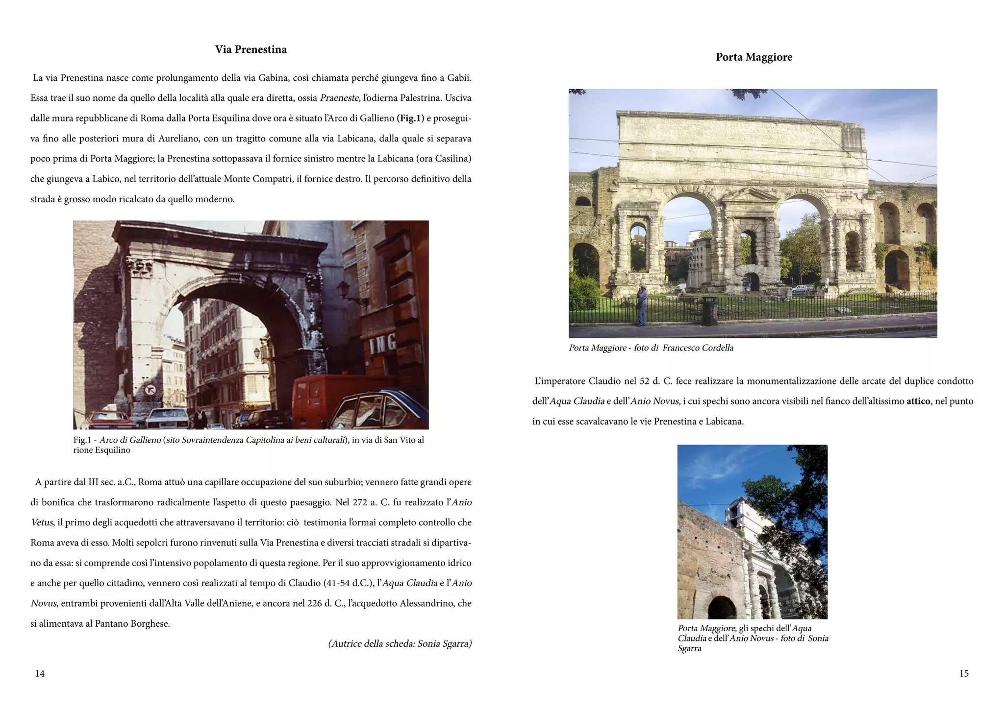 14 15
Via Prenestina
La via Prenestina nasce come prolungamento della via Gabina, così chiamata perché giungeva fino a Gabii.
Essa trae il suo nome da quello della località alla quale era diretta, ossia Praeneste, l’odierna Palestrina. Usciva
dalle mura repubblicane di Roma dalla Porta Esquilina dove ora è situato l’Arco di Gallieno (Fig.1) e prosegui-
va fino alle posteriori mura di Aureliano, con un tragitto comune alla via Labicana, dalla quale si separava
poco prima di Porta Maggiore; la Prenestina sottopassava il fornice sinistro mentre la Labicana (ora Casilina)
che giungeva a Labico, nel territorio dell’attuale Monte Compatri, il fornice destro. Il percorso definitivo della
strada è grosso modo ricalcato da quello moderno.
A partire dal III sec. a.C., Roma attuò una capillare occupazione del suo suburbio; vennero fatte grandi opere
di bonifica che trasformarono radicalmente l’aspetto di questo paesaggio. Nel 272 a. C. fu realizzato l’Anio
Vetus, il primo degli acquedotti che attraversavano il territorio: ciò testimonia l’ormai completo controllo che
Roma aveva di esso. Molti sepolcri furono rinvenuti sulla Via Prenestina e diversi tracciati stradali si dipartiva-
no da essa: si comprende così l’intensivo popolamento di questa regione. Per il suo approvvigionamento idrico
e anche per quello cittadino, vennero così realizzati al tempo di Claudio (41-54 d.C.), l’Aqua Claudia e l’Anio
Novus, entrambi provenienti dall’Alta Valle dell’Aniene, e ancora nel 226 d. C., l’acquedotto Alessandrino, che
si alimentava al Pantano Borghese.
(Autrice della scheda: Sonia Sgarra)
Fig.1 - Arco di Gallieno (sito Sovraintendenza Capitolina ai beni culturali), in via di San Vito al
rione Esquilino
Porta Maggiore
L’imperatore Claudio nel 52 d. C. fece realizzare la monumentalizzazione delle arcate del duplice condotto
dell’Aqua Claudia e dell’Anio Novus, i cui spechi sono ancora visibili nel fianco dell’altissimo attico, nel punto
in cui esse scavalcavano le vie Prenestina e Labicana.
Porta Maggiore - foto di Francesco Cordella
Porta Maggiore, gli spechi dell’Aqua
Claudia e dell’Anio Novus - foto di Sonia
Sgarra
 