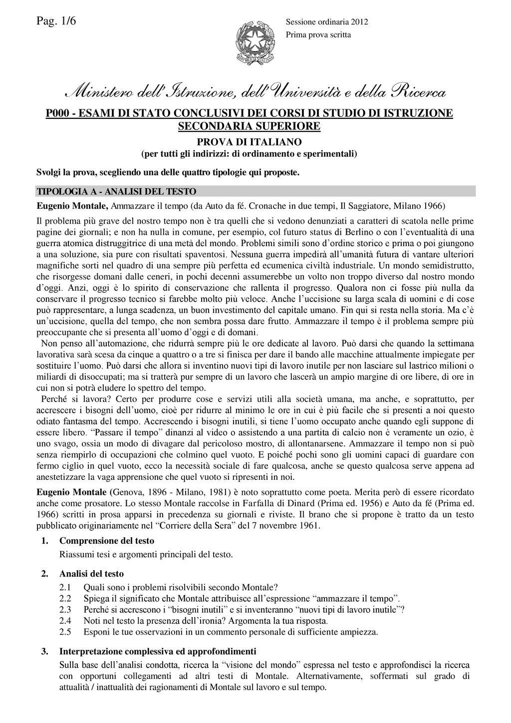 Maturità 2012 prima prova: ecco il documento ufficiale con le tracce