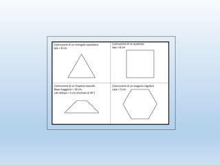 Costruzione di un triangolo equilatero
lato = 8 cm
Costruzione di un quadrato
lato = 8 cm
Costruzione di un trapezio isoscele
Base maggiore = 10 cm,
Lati obliqui = 5 cm (inclinati di 45°)
Costruzione di un esagono regolare
Lato = 5 cm
 