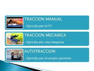 TRACCION MANUAL
• Ejercida por el FT
TRACCION MECANICA
• Ejercida por una maquina
AUTOTRACCION
• Ejercida por el propio paciente
 