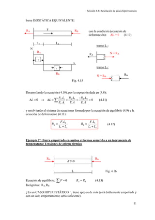 Sección 4.4: Resolución de casos hiperestáticos
11
barra ISOSTÁTICA EQUIVALENTE:
con la condición (ecuación de
deformación): ∆L = 0 (4.10)
tramo L1:
tramo L2:
Desarrollando la ecuación (4.10), por la expresión dada en (4.8):
y resolviendo el sistema de ecuaciones formado por la ecuación de equilibrio (4.9) y la
ecuación de deformación (4.11):
Ejemplo 2º: Barra empotrada en ambos extremos sometida a un incremento de
temperatura: Tensiones de origen térmico
Ecuación de equilibrio: 0 (4.13)
A B
F R R
= =
∑
Incógnitas: RA, RB
¡ Es un CASO HIPERESTÁTICO ! , tiene apoyos de más (está doblemente empotrada y
con un solo empotramiento sería suficiente).
F
RA RB
L1 L2
RB
RA
N
x
+
-
N = RA
RA
RB
N = RB
2
1
1
2
1
2 .
.
L
L
L
F
R
L
L
L
F
R B
A
+
=
+
=
∆T0
RA RB
L Fig. 4.16
1 2
. . .
0 0 (4.11)
. . .
i i A B
i i
N L R L R L
L L
E A E A E A
−
∆ = → ∆ = = + =
∑
Fig. 4.15
(4.12)
 