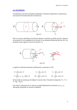 Sección 4.2: Tensiones
3
4.2.-TENSIONES
Consideremos una barra prismática trabajando a Tracción-Compresión y cortemos por
una sección recta transversal de la misma (A).
Para ver como se distribuyen las fuerzas internas o tensiones en dicha sección, tomemos
en un punto O (z,y) cualquiera de la sección A, un elemento diferencial de área: dA. Las
tensiones serán, según lo visto en la sección 1.6:
y según las relaciones tensiones-solicitaciones, ecuaciones (1.26):
Se ha tenido en cuenta que al trabajar la sección sólo a Tracción-Compresión: Vy = Vz =
T = My = Mz=0
Con estas 6 ecuaciones por si solas no se podrá determinar las tensiones: σx, τxy, τxz.
Para poder calcularlas se recurrirá a hipótesis
A
F
F F
A
G
N = F
x
y
z
O
Fig. 4.3
F
A
G N = F
x
y
z
O
dA
y
z
dA
O σx
τxy
τxz
Fig. 4.4
( ) 0
.
.
0
.
.
0
.
.
.
0
.
0
.
.
=
=
=
=
=
−
=
=
=
=
=
=
=
∫
∫
∫
∫
∫
∫
A
x
z
A
x
y
A
xy
xz
A
xz
z
A
xy
y
A
x
dA
y
M
dA
z
M
dA
z
y
T
dA
V
dA
V
F
dA
N
σ
σ
τ
τ
τ
τ
σ
 