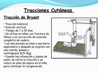 TTrraacccciioonneess CCuuttáánneeaass 
TTrraacccciióónn ddee BBrryyaanntt 
• Tracción bilateral 
• Posición vertical 
• Tiempo de 7 a 10 días 
• Se utiliza en niños con fractura de 
fémur y en corrección de luxación 
congénita de cadera. 
• Las dos piernas se atan a una barra 
separadora y después se sujetan con 
una cuerda, poleas y 
contrapesos (0,5-1kg). 
• Cuando hay alineación y signos de 
unión, se retira la tracción y se 
coloca un yeso de espica en el niño, 
para continuar la recuperación. 
 