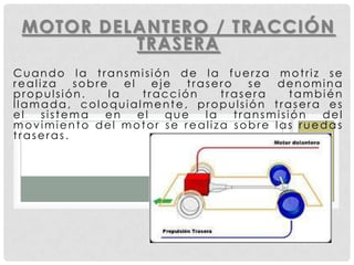 MOTOR DELANTERO / TRACCIÓN
TRASERA
Cuando la transmisión de la fuerza motriz se
realiza sobre el eje trasero se denomina
propulsión. la tracción trasera también
llamada, coloquialmente, propulsión trasera es
el sistema en el que la transmisión del
movimiento del motor se realiza sobre las ruedas
traseras.
 