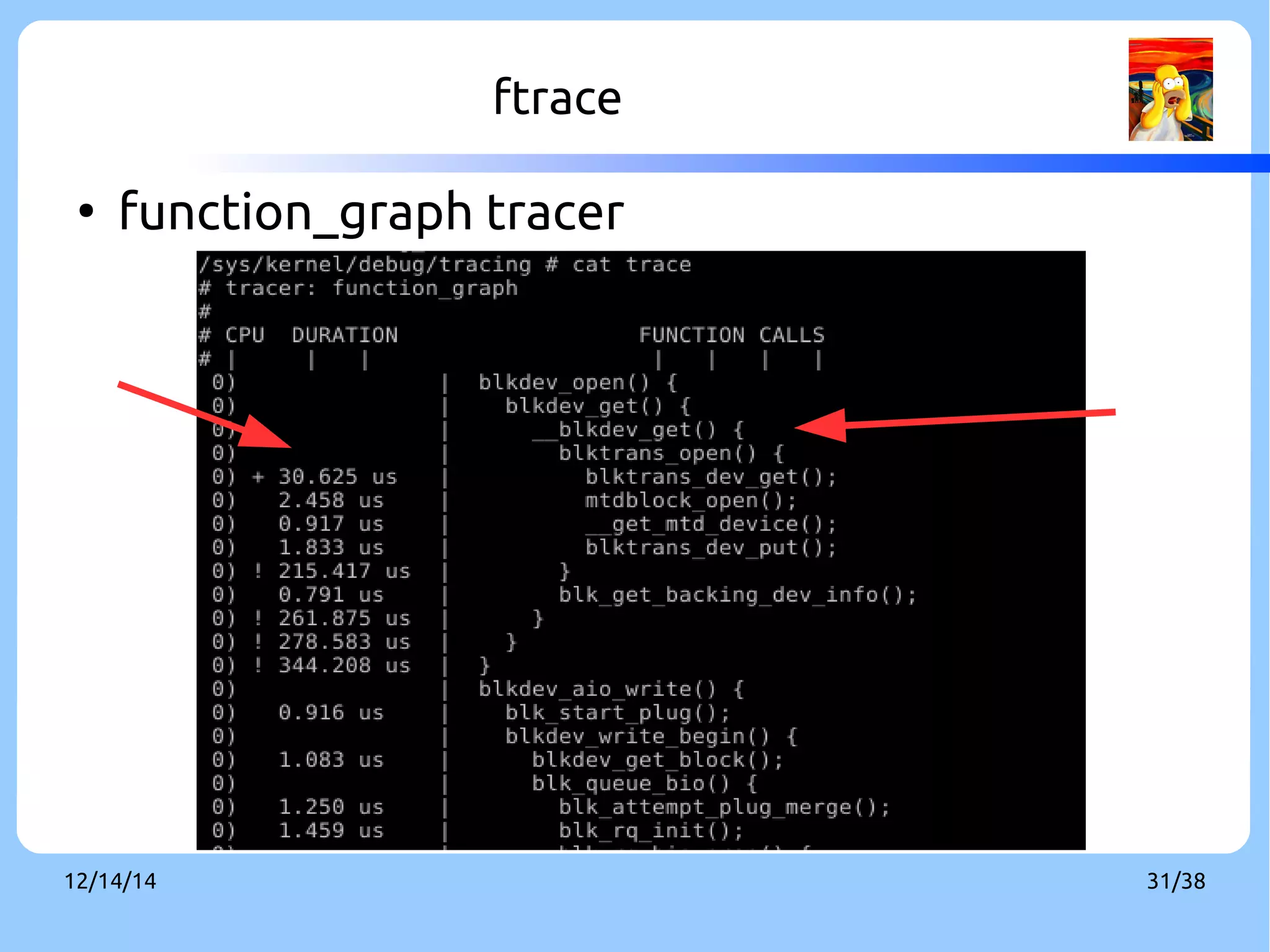 ftrace 
● function_graph tracer 
12/14/14 31/38 
 