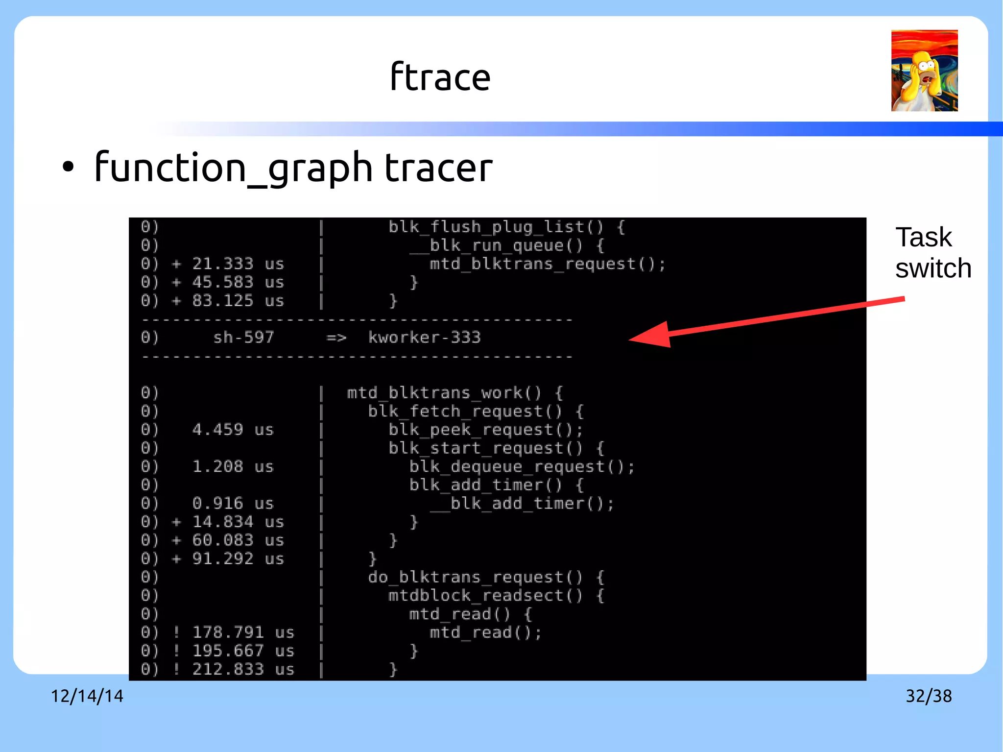 ftrace 
● function_graph tracer 
Task 
switch 
12/14/14 32/38 
 