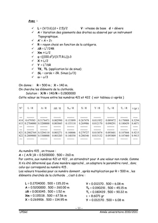- 11 -
LPEGC Année universitaire 2010/2011
Avec :
 L = (V/3.6).(d + 2.5)/2 V : vitesse de base d = dévers
 A = Variation des gisements des droites ou observé par un instrument
Topographique.
 A’ = A + 2
 R = rayon choisi en fonction de la catégorie.
 R = L2
/24R
 Xm ≈ L/2
  =[(100.d2
)/(3.Π.R.L)]x3
 X ≈ L/2
 Y = L2
/6R
 TK, TL (application loi de sinus)
 SL = corde = 2R. Sinus (/3)
  = /3
On donne : R = 500 m ; X  140 m.
On cherche les éléments de la clothoïde.
Solution : X/R = 140/R = 0.2800000
Cette valeur se trouve entre les numéros 421 et 422 ( voir tableau ci-après )
N° L / R A / R R / R Xm / R X / R Y / R TK / R TL / R  (gr )
---
414
415
---
---
421
422
---
--------
0.679585
0.2704000
--------
--------
0.2802769
0.2809000
--------
--------
0.5176471
0.5200000
--------
--------
0.5294118
0.5300000
--------
--------
0.002990
0.003045
--------
--------
0.003271
0.003285
--------
--------
0.133899
0.135118
--------
--------
0.140046
0.140358
--------
--------
0.267478
0.269906
--------
--------
0.279727
0.280346
--------
--------
0.011952
0.012170
--------
--------
0.013074
0.013132
--------
--------
0.089472
0.090291
--------
--------
0.093601
0.093809
--------
--------
0.178808
0.180439
--------
--------
0.187044
0.187460
--------
-----
8.5294
8.6071
-----
-----
8.9215
8.9413
-----
Au numéro 415 , on trouve :
A = ( A/R ).R = 0.5200000 . 500 = 260 m
Par contre, aux numéros 421 et 422 , on obtiendrait pour A une valeur non ronde. Comme
X n’a été déterminé que d’une manière approché , on adoptera le paramètre rond , donc
celui qui correspond au numéro 415 .
Les valeurs trouvées pour ce numéro donnent , après multiplication par R = 500 m , les
éléments cherchés de la clothoïde , c’est à dire :
L = 0.2704000 . 500 = 135.20 m
A = 0.5200000 . 500 = 260.00 m
R = 0.003045 . 500 = 1.52 m
Xm = 0.135118 . 500 = 67.56 m
X = 0.269906 . 500 = 134.95 m
Y = 0.012170 . 500 = 6.08 m
TK = 0.090291 . 500 = 45.15 m
TL = 0.180439 . 500 = 90.22 m
 = 8.6071 gr
Y = 0.012170 . 500 = 6.08 m
 