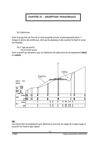 - 23 -
LPEGC Année universitaire 2010/2011
IV.1 Définition
C’est la projection de l’axe de la route projetée suivant un plan perpendiculaire, il
indique la nature des matériaux, ainsi que les épaisseurs des couches formant le corps
de chaussée.
IV.2 Type de profils
IV.2.1 Profil mixte
C’est un profil qui nécessite, pour sa réalisation les opérations de terrassements Déblai
et remblai.
NB :
Les limites des terrassements sont déduites en fonction du calage de la ligne rouge et
du profil en travers type adopté.
CHAPITRE IV : CONCEPTION TRANSVERSALE
 