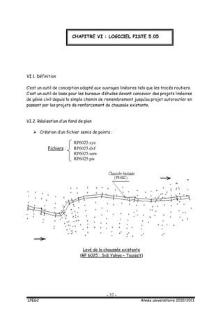 - 37 -
LPEGC Année universitaire 2010/2011
c
VI.1. Définition
C’est un outil de conception adapté aux ouvrages linéaires tels que les tracés routiers.
C’est un outil de base pour les bureaux d’études devant concevoir des projets linéaires
de génie civil depuis le simple chemin de remembrement jusqu’au projet autoroutier en
passant par les projets de renforcement de chaussée existante.
VI.2. Réalisation d’un fond de plan
 Création d’un fichier semis de points :
RP6025.xyz
Fichiers : RP6025.dxf
RP6025.sem
RP6025.pis
Levé de la chaussée existante
(RP 6025 : Sidi Yahya – Touissit)
CHAPITRE VI : LOGICIEL PISTE 5.05
 