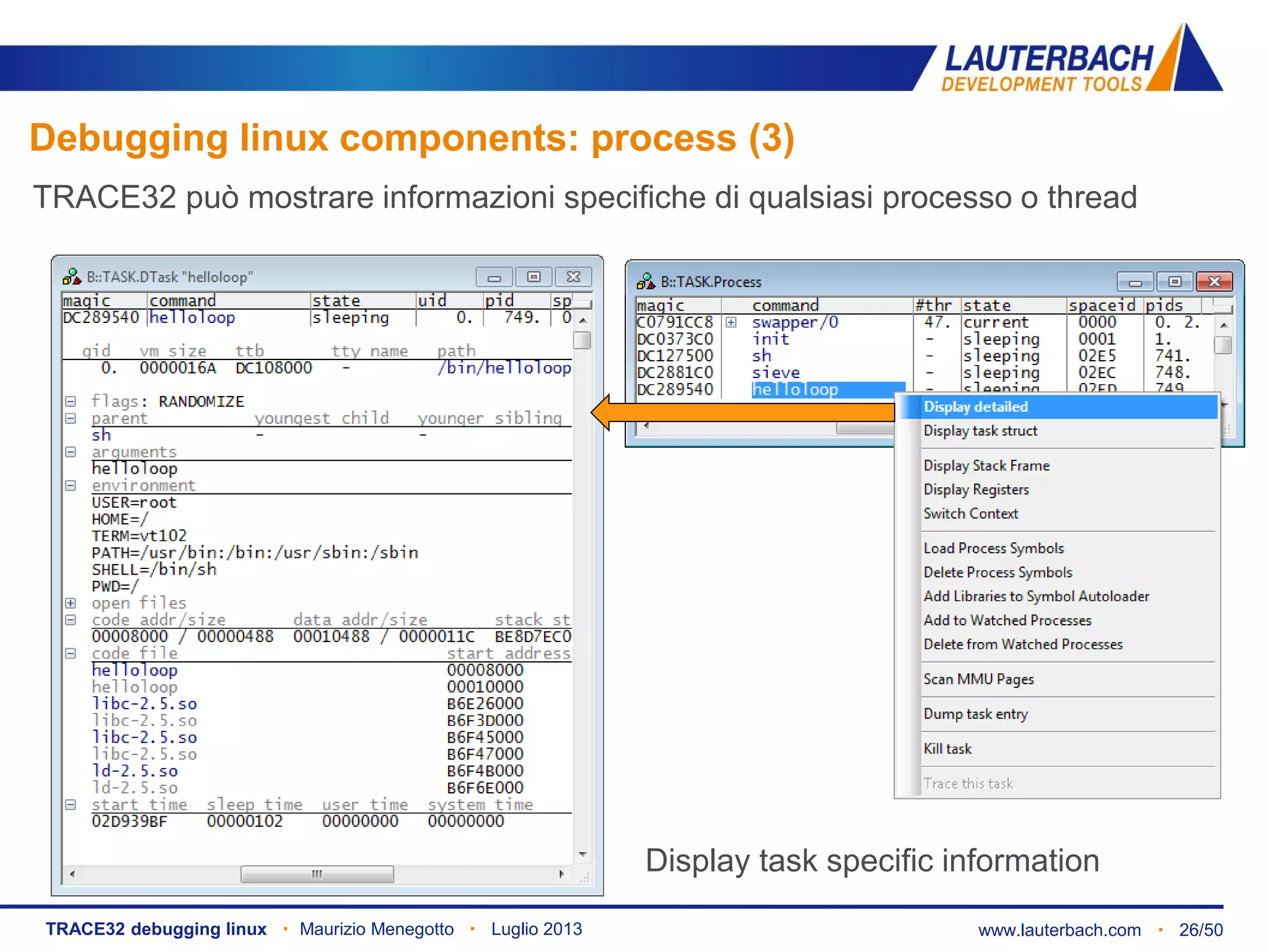 www.lauterbach.com ▪ 26/50TRACE32 debugging linux ▪ Maurizio Menegotto ▪ Luglio 2013
Display task specific information
Debugging linux components: process (3)
TRACE32 può mostrare informazioni specifiche di qualsiasi processo o thread
 