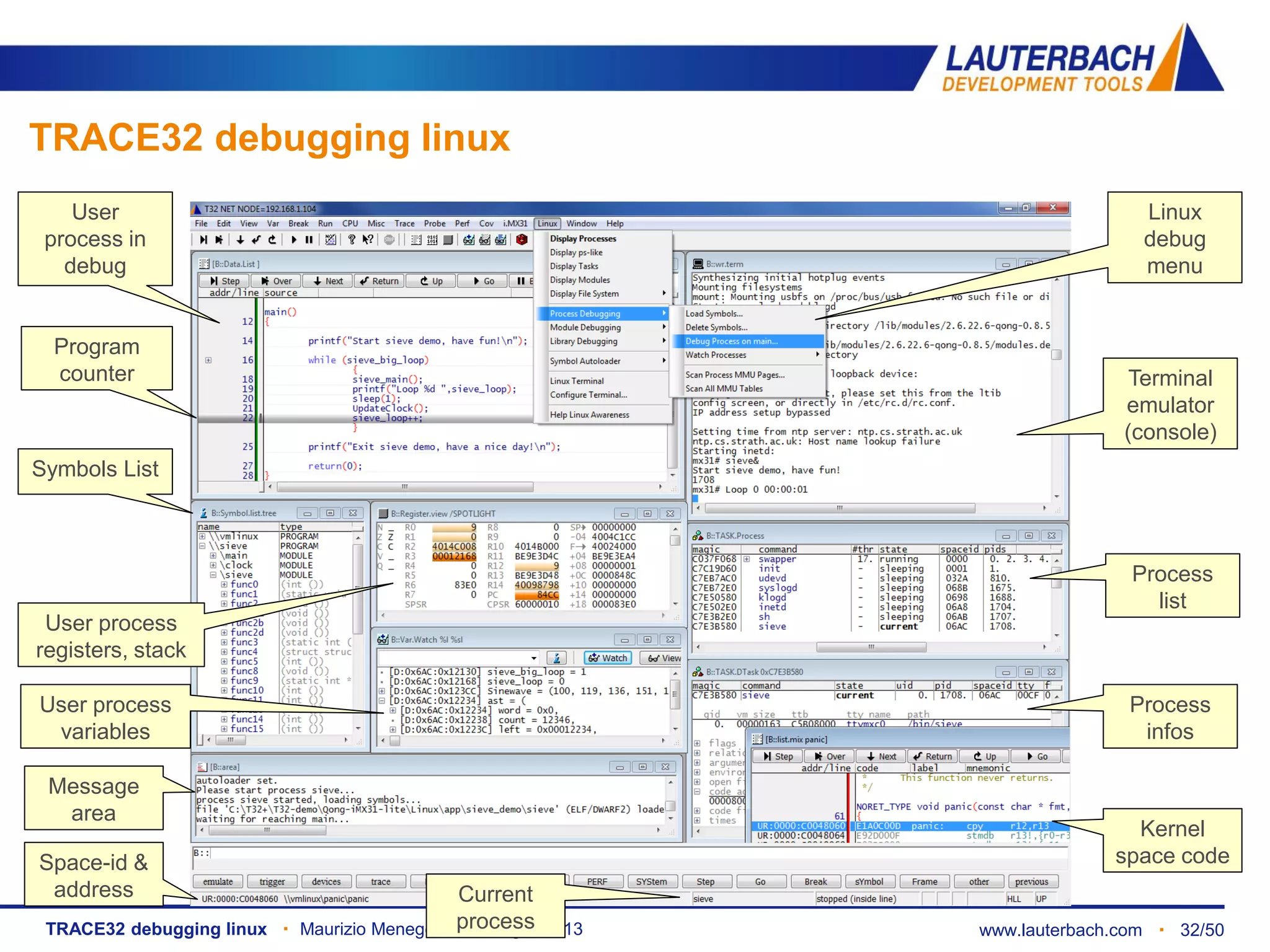 www.lauterbach.com ▪ 32/50TRACE32 debugging linux ▪ Maurizio Menegotto ▪ Luglio 2013
TRACE32 debugging linux
User
process in
debug
Symbols List
User process
registers, stack
Message
area
Current
process
Kernel
space code
Process
infos
Process
list
Terminal
emulator
(console)
Linux
debug
menu
User process
variables
Space-id &
address
Program
counter
 