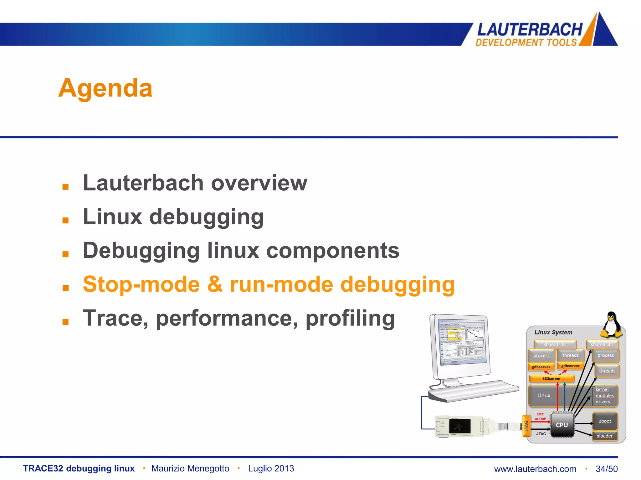 TRACE32 debugging linux ▪ Maurizio Menegotto ▪ Luglio 2013 www.lauterbach.com ▪ 34/50
Agenda
 Lauterbach overview
 Linux debugging
 Debugging linux components
 Stop-mode & run-mode debugging
 Trace, performance, profiling
 