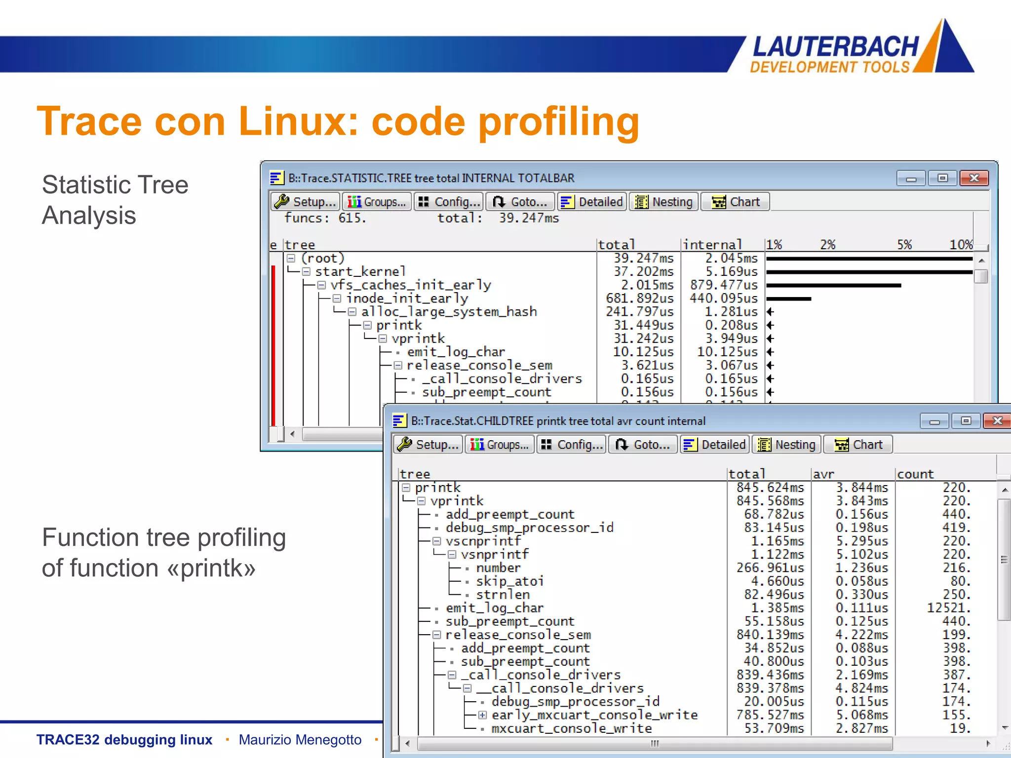 www.lauterbach.com ▪ 46/50TRACE32 debugging linux ▪ Maurizio Menegotto ▪ Luglio 2013
Trace con Linux: code profiling
Statistic Tree
Analysis
Function tree profiling
of function «printk»
 