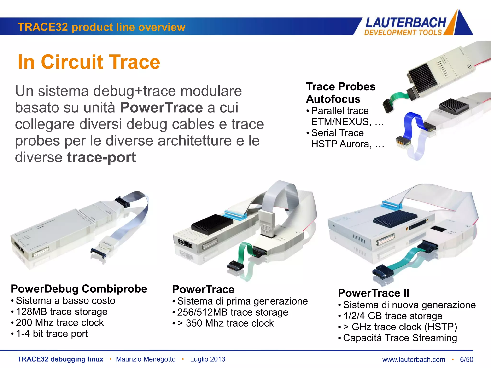 www.lauterbach.com ▪ 6/50TRACE32 debugging linux ▪ Maurizio Menegotto ▪ Luglio 2013
TRACE32 product line overview
In Circuit Trace
Un sistema debug+trace modulare
basato su unità PowerTrace a cui
collegare diversi debug cables e trace
probes per le diverse architetture e le
diverse trace-port
PowerTrace
• Sistema di prima generazione
• 256/512MB trace storage
• > 350 Mhz trace clock
PowerTrace II
• Sistema di nuova generazione
• 1/2/4 GB trace storage
• > GHz trace clock (HSTP)
• Capacità Trace Streaming
PowerDebug Combiprobe
• Sistema a basso costo
• 128MB trace storage
• 200 Mhz trace clock
• 1-4 bit trace port
Trace Probes
Autofocus
• Parallel trace
ETM/NEXUS, …
• Serial Trace
HSTP Aurora, …
 