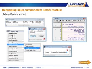 www.lauterbach.com ▪ 23/50TRACE32 debugging linux ▪ Maurizio Menegotto ▪ Luglio 2013
Debug Module on init
1
2
3
Debugging linux components: kernel module
T32 DEMO
 
