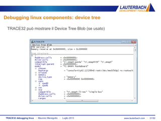 www.lauterbach.com ▪ 31/50TRACE32 debugging linux ▪ Maurizio Menegotto ▪ Luglio 2013
TRACE32 può mostrare il Device Tree Blob (se usato)
Debugging linux components: device tree
 