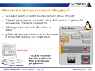 www.lauterbach.com ▪ 36/50TRACE32 debugging linux ▪ Maurizio Menegotto ▪ Luglio 2013
 Debugging tramite un canale di comunicazione: seriale, ethernet
 Il “break” agisce solo sul processo in debug. Tutte le altre componenti del
sistema Linux rimangono in esecuzione
 Il debugger ha accesso solo al processo in
debug
 gdbserver esegue nel sistema per implementare
le funzionalità di debug (è un target agent)
Che cosa si intende per «run-mode debugging» ?
threads
uboot
Linux
kernel
modules
drivers
shared libs
Linux System
process
xloader
CPU
gdbserver
Ethernet or Serial
Network
TRACE32 Powerview
funziona anche come
front-end debugger
per gdbserver
TRACE32 Powerview
threads
process
shared libs
 