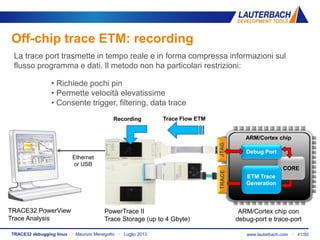 www.lauterbach.com ▪ 41/50TRACE32 debugging linux ▪ Maurizio Menegotto ▪ Luglio 2013
Off-chip trace ETM: recording
PowerTrace II
Trace Storage (up to 4 Gbyte)
TRACE32 PowerView
Trace Analysis
ARM/Cortex chip con
debug-port e trace-port
Ethernet
or USB
La trace port trasmette in tempo reale e in forma compressa informazioni sul
flusso programma e dati. Il metodo non ha particolari restrizioni:
JTAGTRACE
ARM/Cortex chip
• Richiede pochi pin
• Permette velocità elevatissime
• Consente trigger, filtering, data trace
CORE
ETM Trace
Generation
Debug Port
Trace Flow ETMRecording
 