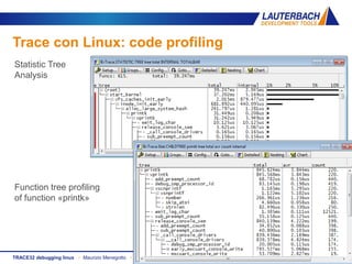 www.lauterbach.com ▪ 46/50TRACE32 debugging linux ▪ Maurizio Menegotto ▪ Luglio 2013
Trace con Linux: code profiling
Statistic Tree
Analysis
Function tree profiling
of function «printk»
 