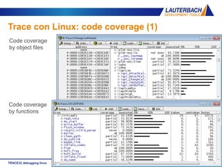 www.lauterbach.com ▪ 47/50TRACE32 debugging linux ▪ Maurizio Menegotto ▪ Luglio 2013
Trace con Linux: code coverage (1)
Code coverage
by object files
Code coverage
by functions
 