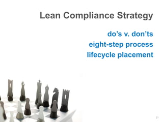 Lean Compliance Strategy
               do’s v. don’ts
          eight-step process
         lifecycle placement




                                21
 