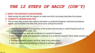THE 12 STEPS OF HACCP (CON’T)
5. VERIFY THE PROCESS FLOW DIAGRAM.
• Walk through the plant with the diagram to make sure that it accurately describes the process.
6. CONDUCT A HAZARD ANALYSIS.
• This is a two-step process that collects information on potential biological, chemical and physical
agents, and evaluates how likely they are to occur during the process.
 What are the physical characteristics of the product that promote or control hazards (such as
preservatives, active water, pH).
 During processing, what will contribute to or control for hazards?
 How does the facility and equipment contribute to or control for hazards? What safety controls are
in place?
 Are there allergens present, and if so, what is the control plan?
 How can packaging and labeling contribute to pathogen control?
 