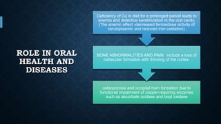 ROLE IN ORAL
HEALTH AND
DISEASES
osteoporosis and occipital horn formation due to
functional impairment of copper-requiring enzymes
such as ascorbate oxidase and lysyl oxidase
BONE ABNORMALITIES AND PAIN: include a loss of
trabecular formation with thinning of the cortex.
Deficiency of Cu in diet for a prolonged period leads to
anemia and defective keratinization in the oral cavity.
(The anemic effect -decreased ferroxidase activity of
ceruloplasmin and reduced iron oxidation).
 