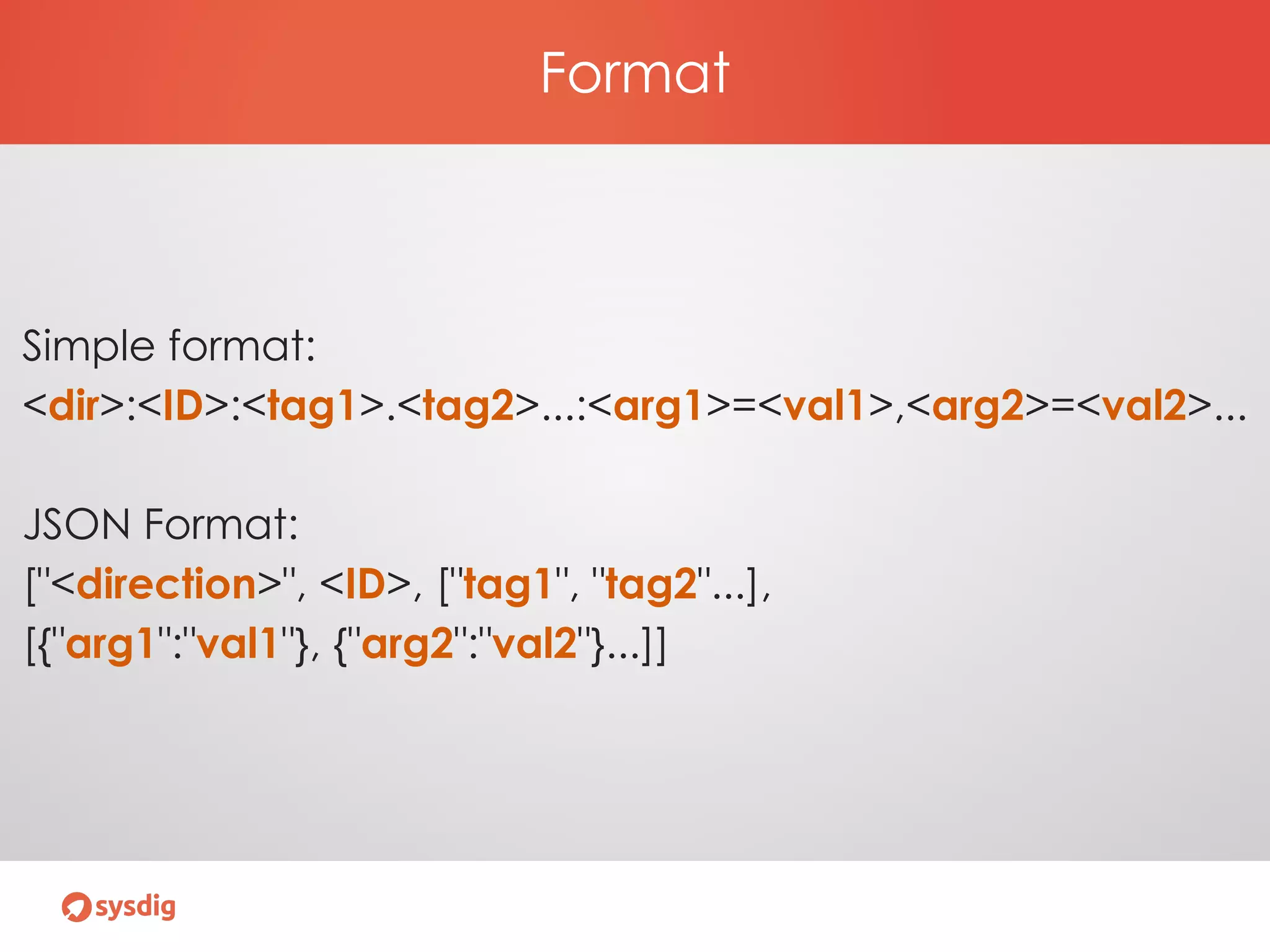 Format
Simple format:
<dir>:<ID>:<tag1>.<tag2>...:<arg1>=<val1>,<arg2>=<val2>...
JSON Format:
["<direction>", <ID>, ["tag1", "tag2"...],
[{"arg1":"val1"}, {"arg2":"val2"}...]]
 