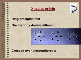 24
Species origin
Ring precipitin test
Ouchterlony double diffusion
Crossed over electrophoresis
 