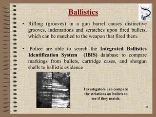 38
Ballistics
• Rifling (grooves) in a gun barrel causes distinctive
grooves, indentations and scratches upon fired bullets,
which can be matched to the weapon that fired them.
• Police are able to search the Integrated Ballistics
Identification System (IBIS) database to compare
markings from bullets, cartridge cases, and shotgun
shells to ballistic evidence
Investigators can compare
the striations on bullets to
see if they match.
 