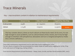 Trace Minerals
Nutrient Amount in hay Daily requirement Supplied by 2 lbs of hay
Crude protein 34 g/lb 53 – 59 grams 68 gr...