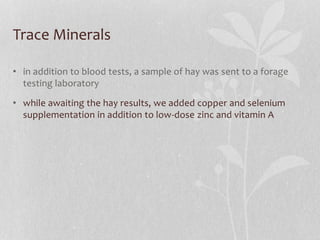 Trace Minerals
• in addition to blood tests, a sample of hay was sent to a forage
testing laboratory
• while awaiting the ...