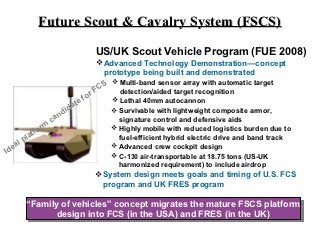 Future Scout & Cavalry System (FSCS)

                                            US/UK Scout Vehicle Program (FUE 2008)
                                               Advanced Technology Demonstration—concept
                                                 prototype being built and demonstrated
                                                    Multi-band sensor array with automatic target
                                              F CS   detection/aided target recognition
                                         f or       Lethal 40mm autocannon
                                     e
                                d at
                             ndi                 Survivable with lightweight composite armor,
                          ca                      signature control and defensive aids
                  r   m                          Highly mobile with reduced logistics burden due to
           la tfo                                 fuel-efficient hybrid electric drive and band track
       p
  e al                                           Advanced crew cockpit design
Id                                               C-130 air-transportable at 18.75 tons (US-UK
                                                  harmonized requirement) to include airdrop
                                             System design meets goals and timing of U.S. FCS
                                              program and UK FRES program

       “Family of vehicles” concept migrates the mature FSCS platform
        “Family of vehicles” concept migrates the mature FSCS platform
              design into FCS (in the USA) and FRES (in the UK)
               design into FCS (in the USA) and FRES (in the UK)
 