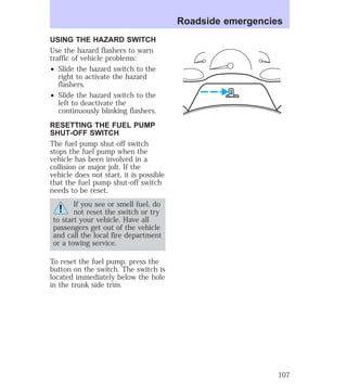 USING THE HAZARD SWITCH 
Use the hazard flashers to warn 
traffic of vehicle problems: 
² Slide the hazard switch to the 
right to activate the hazard 
flashers. 
² Slide the hazard switch to the 
left to deactivate the 
continuously blinking flashers. 
RESETTING THE FUEL PUMP 
SHUT-OFF SWITCH 
The fuel pump shut-off switch 
stops the fuel pump when the 
vehicle has been involved in a 
collision or major jolt. If the 
vehicle does not start, it is possible 
that the fuel pump shut-off switch 
needs to be reset. 
If you see or smell fuel, do 
not reset the switch or try 
to start your vehicle. Have all 
passengers get out of the vehicle 
and call the local fire department 
or a towing service. 
To reset the fuel pump, press the 
button on the switch. The switch is 
located immediately below the hole 
in the trunk side trim. 
Roadside emergencies 
107 
 