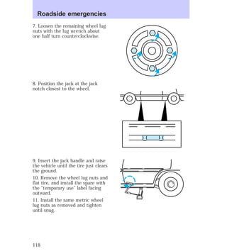 Roadside emergencies 
7. Loosen the remaining wheel lug 
nuts with the lug wrench about 
one half turn counterclockwise. 
8. Position the jack at the jack 
notch closest to the wheel. 
9. Insert the jack handle and raise 
the vehicle until the tire just clears 
the ground. 
10. Remove the wheel lug nuts and 
flat tire, and install the spare with 
the ‘‘temporary use’’ label facing 
outward. 
11. Install the same metric wheel 
lug nuts as removed and tighten 
until snug. 
118 
 
