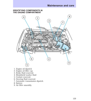 IDENTIFYING COMPONENTS IN 
THE ENGINE COMPARTMENT 
4 1 
3 
9 
6 
5 
2 
7 
8 
1. Engine oil dipstick 
2. Engine oil filler cap 
3. Brake fluid reservoir 
4. Windshield washer fluid 
5. Coolant reservoir 
6. Steering fluid reservoir 
7. Automatic transmission dipstick 
8. Battery 
9. Air filter assembly 
Maintenance and care 
129 
 